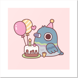 Cute Pigeon With Balloons And Birthday Cake Posters and Art